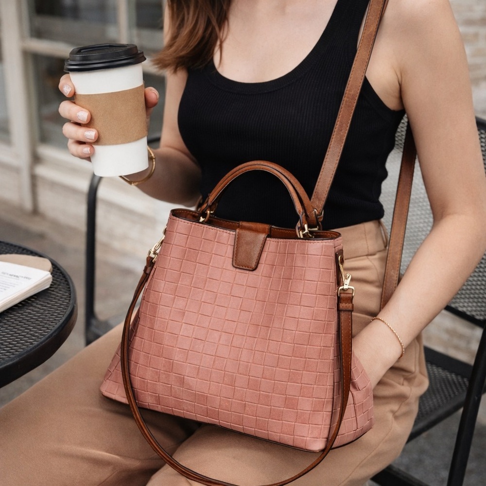 JEN & CO Woven Textured Tote Bag Pink Brown Crossbody Vegan Leather